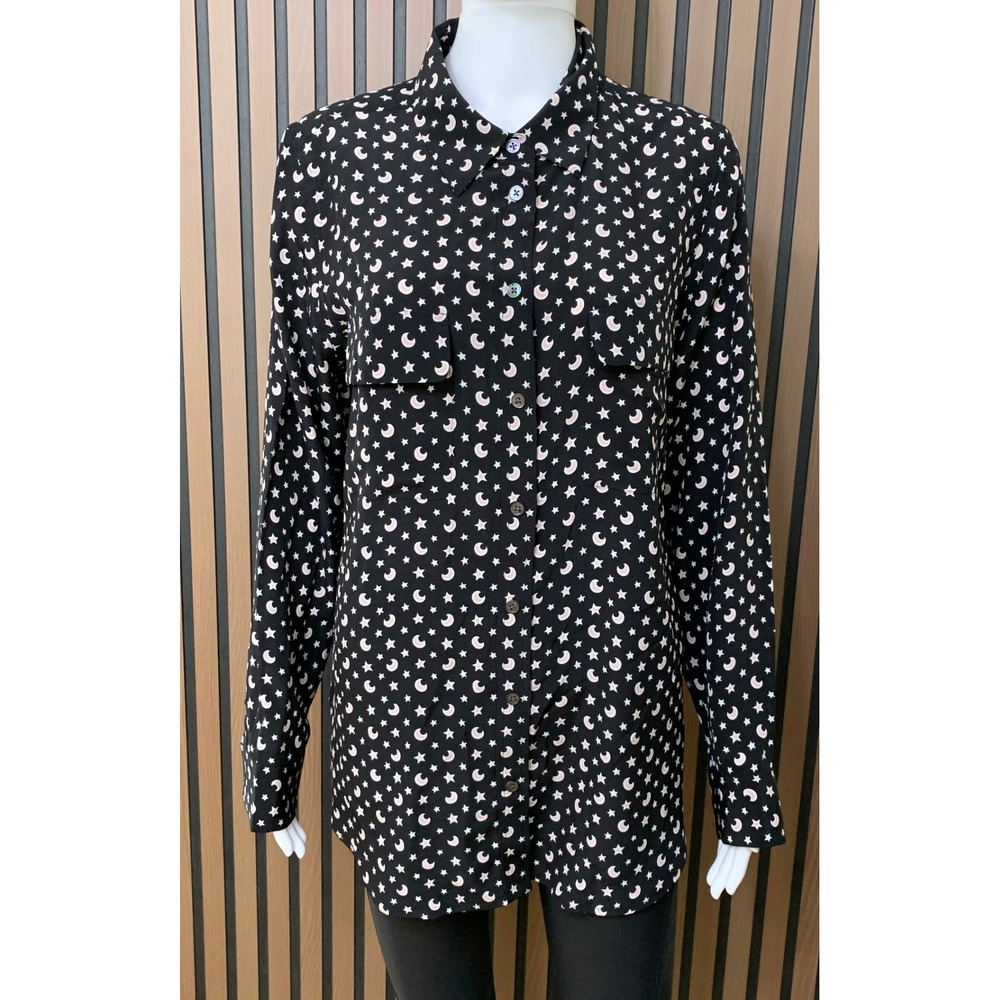 Equipment Femme 100% Silk Moon Star Celestial Button Down Shirt Black Pink L
